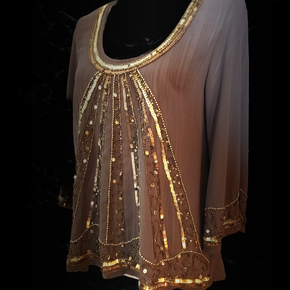 Bar III Sequined and Beaded Bell Sleeve Bollywood Tunic Top  Sz S
